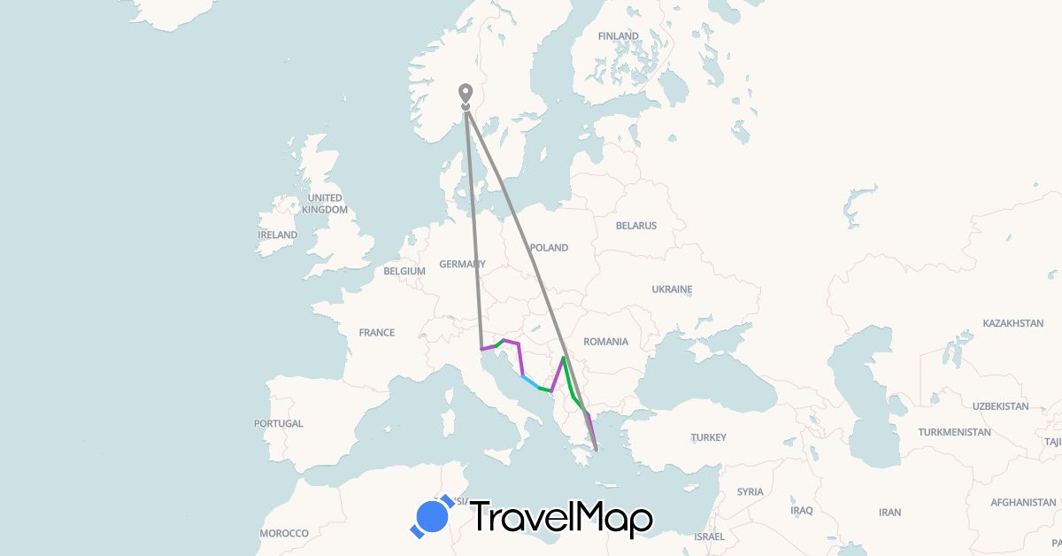 TravelMap itinerary: driving, bus, plane, train, boat in Greece, Croatia, Italy, Montenegro, Macedonia, Norway, Serbia, Slovenia, Kosovo (Europe)